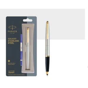 PARKER GLAXY STAINLESS STEEL GOLD TRIM ROLLER BALL PEN – INK COLOR – BLUE