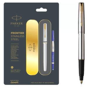 PARKER FRONTIER STAINLESS STEEL GOLD TRIM ROLLER BALL PEN – INK COLOR – BLUE
