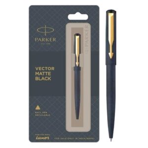 PARKER VECTOR MATTE BLACK GOLD TRIM BALL PEN – INK COLOR – BLUE